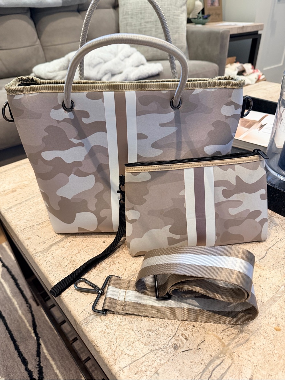 Neutrals Camo Neoprene Stripe Tote Bag with Pouch and Strap